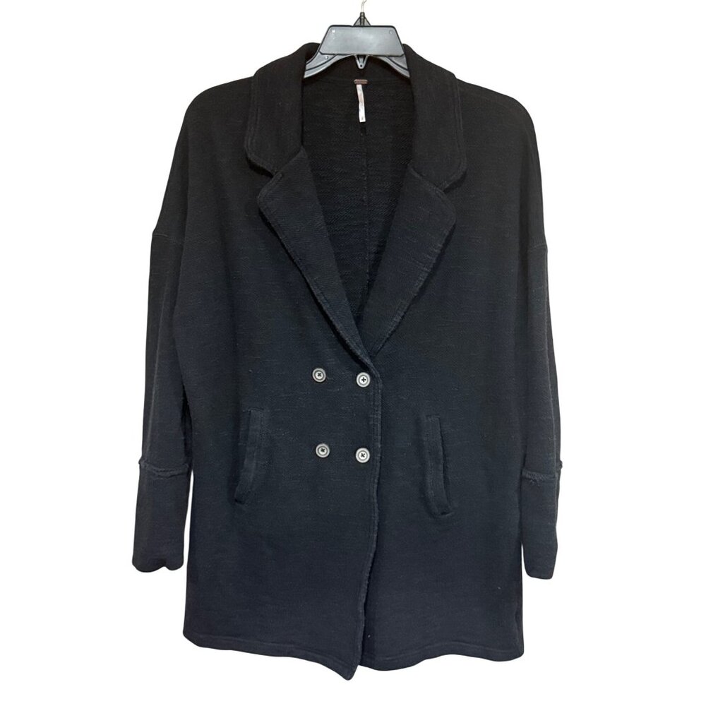 Free People‎ Casual Friday Black Slub Knit Longline Sweater Blazer Size Large
